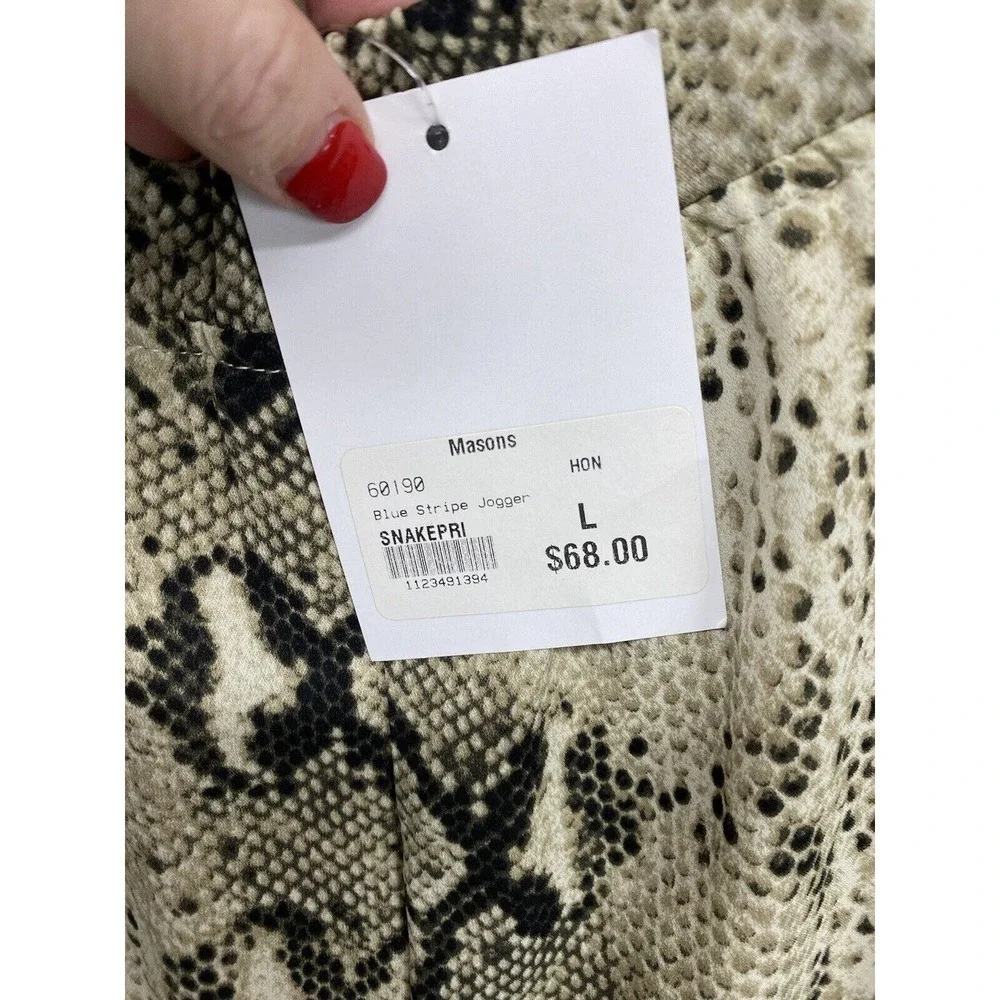 Honey Punch Brown Blue Pin Stripe Animal Print Elastic Waist Pants Women’s L NEW - Picture 3 of 7